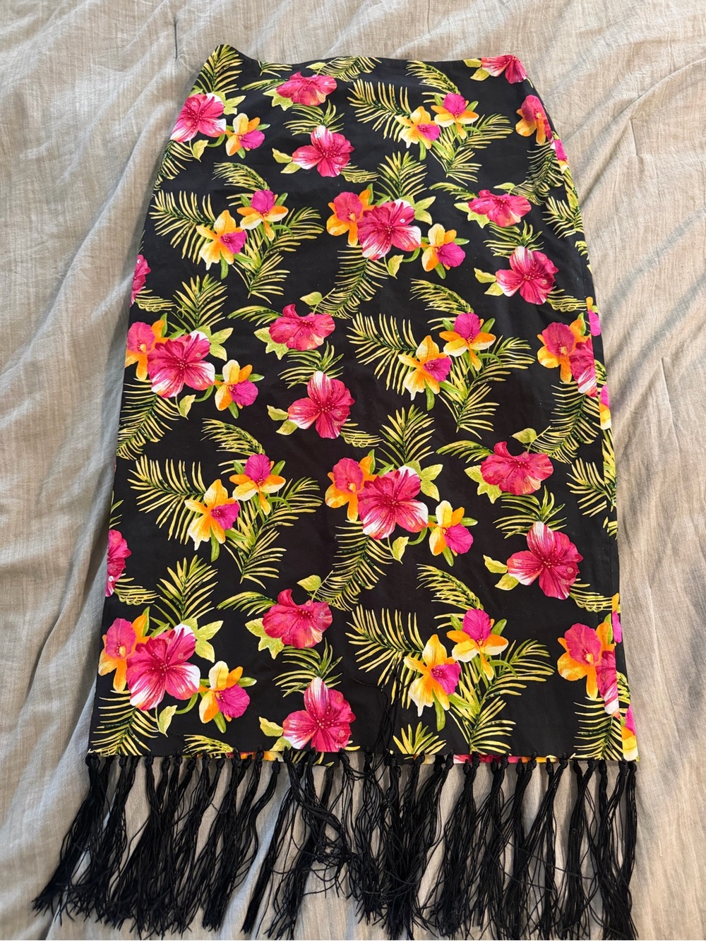Tropical Floral Black Midi Skirt with Fringe